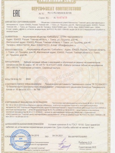 Сертификат Электрокабель